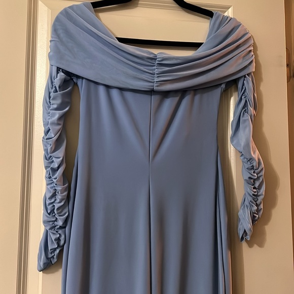 CLUB LONDON PRETTY PERFECT POWDER BLUE MATERNITY RUCHED MESH BARDOT MAXI DRESS - Picture 12 of 16